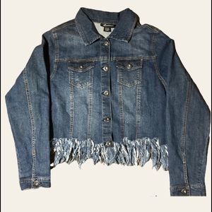 NWOT Distressed to pocket bottom fringe Ashley Stewart Jean jacket